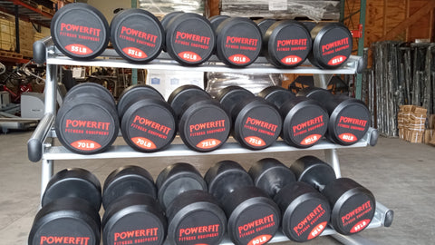 PowerFit Round Dumbbell Set 55lb-95lb and Silver Three Tier Dumbbell Rack