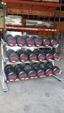 PowerFit Round Dumbbell Set 55lb-95lb and Silver Three Tier Dumbbell Rack