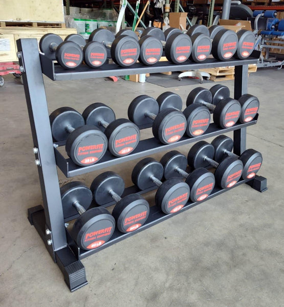 Set of PowerFit Round Rubber Dumbbells 5lb-50lb with PowerFit 54" Three Tier Black Dumbbell Rack Three Tier Dumbbell Rack - LIMITED SUPPLIES!