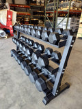PowerFit Rubber Hex Dumbbell Set 5lb - 70lb with 70" Three Tier Black Dumbbell Rack