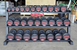 Set of PowerFit Round Rubber Dumbbells 5lb-70lb with PowerFit 70" Three Tier Black Dumbbell Rack Three Tier Dumbbell Rack