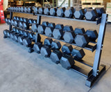 PowerFit Rubber Hex Dumbbell Set 5lb - 100lb with The "Double Wide" Three Tier Black Dumbbell Rack