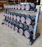 Set of PowerFit Round Rubber Dumbbells 5lb-70lb with PowerFit 70" Three Tier Black Dumbbell Rack Three Tier Dumbbell Rack