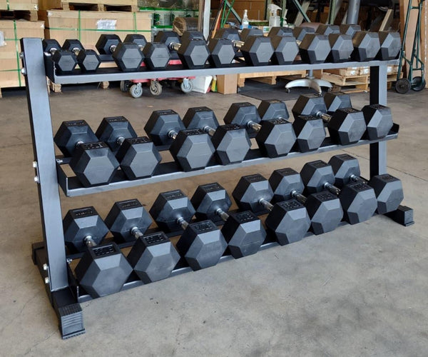 PowerFit Rubber Hex Dumbbell Set 5lb - 70lb with 70" Three Tier Black Dumbbell Rack