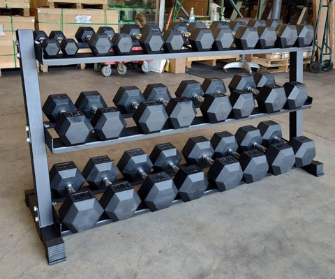 PowerFit Rubber Hex Dumbbell Set 5lb - 70lb with 70" Three Tier Black Dumbbell Rack