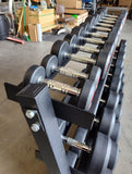 Set of PowerFit Round Rubber Dumbbells 5lb-70lb with PowerFit 70" Three Tier Black Dumbbell Rack Three Tier Dumbbell Rack