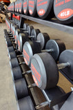 Set of PowerFit Round Rubber Dumbbells 5lb-100lb with PowerFit "Double Wide" Three Tier Black Dumbbell Rack