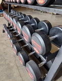 Set of PowerFit Round Rubber Dumbbells 5lb-70lb with PowerFit 70" Three Tier Black Dumbbell Rack Three Tier Dumbbell Rack