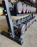 Set of PowerFit Round Rubber Dumbbells 5lb-70lb with PowerFit 70" Three Tier Black Dumbbell Rack Three Tier Dumbbell Rack
