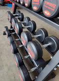 Set of PowerFit Round Rubber Dumbbells 5lb-50lb with PowerFit 54" Three Tier Black Dumbbell Rack Three Tier Dumbbell Rack - LIMITED SUPPLIES!
