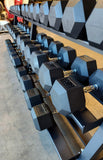 PowerFit Rubber Hex Dumbbell Set 5lb - 100lb with The "Double Wide" Three Tier Black Dumbbell Rack