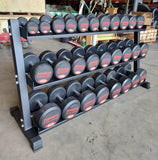Set of PowerFit Round Rubber Dumbbells 5lb-70lb with PowerFit 70" Three Tier Black Dumbbell Rack Three Tier Dumbbell Rack