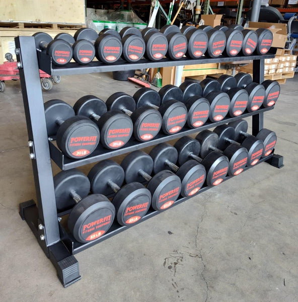 Set of PowerFit Round Rubber Dumbbells 5lb-70lb with PowerFit 70" Three Tier Black Dumbbell Rack Three Tier Dumbbell Rack