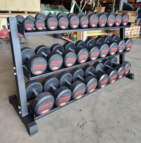 PowerFit Round Rubber Dumbbell Set 5lb-70lb with PowerFit 70" Three Tier Black Dumbbell Rack