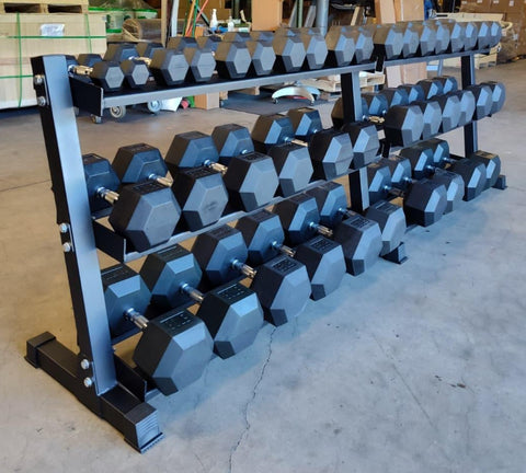 PowerFit Rubber Hex Dumbbell Set 5lb - 100lb with The "Double Wide" Three Tier Black Dumbbell Rack