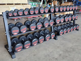 Set of PowerFit Round Rubber Dumbbells 5lb-100lb with PowerFit "Double Wide" Three Tier Black Dumbbell Rack