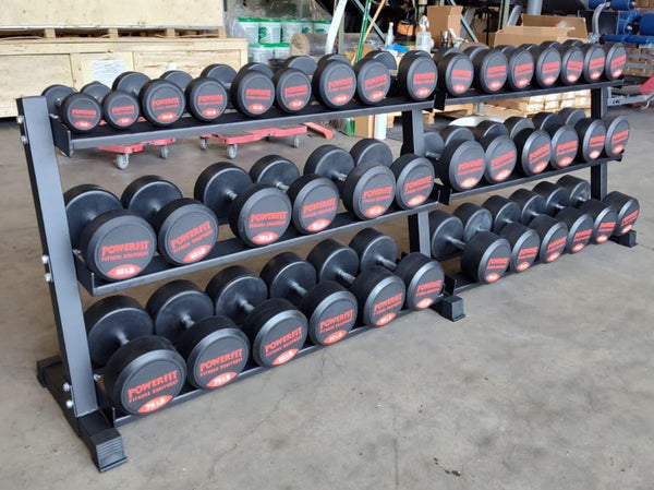 Set of PowerFit Round Rubber Dumbbells 5lb-100lb with PowerFit "Double Wide" Three Tier Black Dumbbell Rack