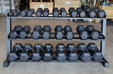 PowerFit Rubber Hex Dumbbell Set 5lb - 70lb with 70" Three Tier Black Dumbbell Rack