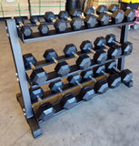 PowerFit Rubber Hex Dumbbell Set 5lb-50lb with 54" Three Tier Dumbbell Rack