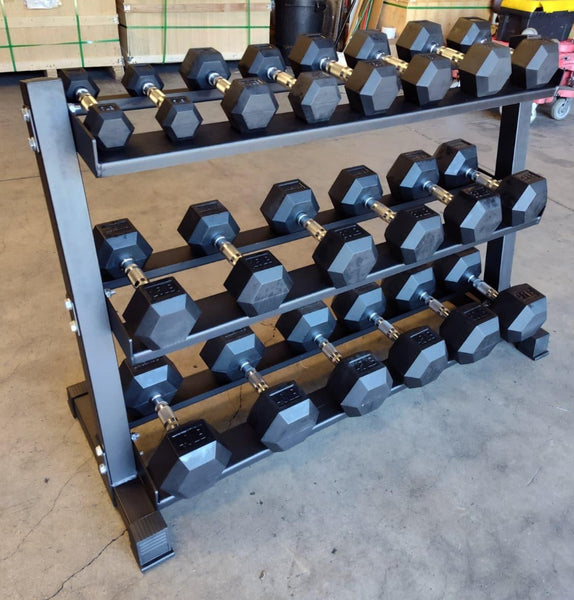 PowerFit Rubber Hex Dumbbell Set 5lb-50lb with 54" Three Tier Dumbbell Rack