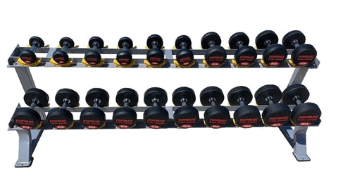PowerFit Round Rubber Dumbbell Set (5lb-100lb) with Black Two Tier Saddle Rack