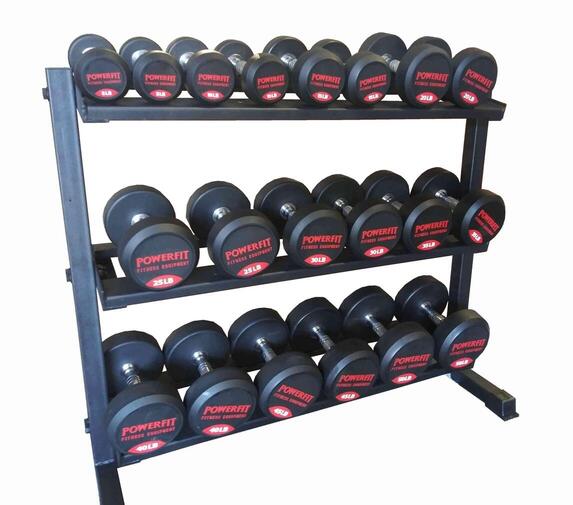Set of PowerFit Round Rubber Dumbbells 5lb-50lb with Three Tier Dumbbell Rack - LIMITED SUPPLIES!
