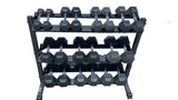 Set of PowerFit Rubber Hex Dumbbells 5lb-50lb with Three Tier Dumbbell Rack